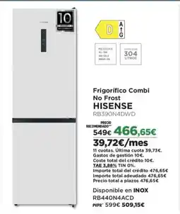 El Corte Inglés HISENSE Frigorífico Combi No Frost RB390N4DWD oferta