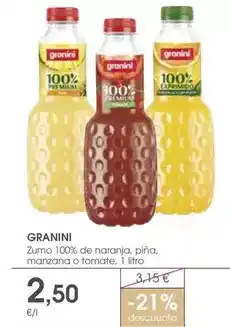 Supermercados Plaza Granini - zumo 100% de naranja, pina, manzana o tomate oferta