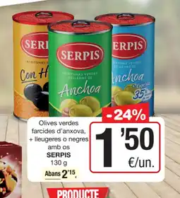 SPAR Fragadis SERPIS Olives verdes farcides d'anxova, + lleugeres o negres amb os oferta