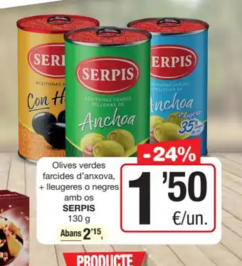 SERPIS Olives verdes farcides d'anxova, + lleugeres o negres amb os