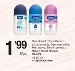 SPAR Fragadis SANEX Desodorant roll-on Dermo extra, Invisible, Dermosensitive, Men active, Zero% control o Natur Protect Normal oferta
