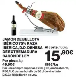 Hipercor Jamón de bellota ibérico 75% raza ibérica, d.o. dehesa de extremadura barón de ley oferta