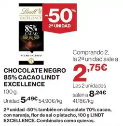 Hipercor Lindt Excellence Chocolate negro 85% cacao oferta