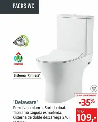 Bauhaus Packs wc sistema 'rimless' porn -35% "delaware en porcelana blanca. salida dual. tapa con caída amortiguada. 160 cistem oferta