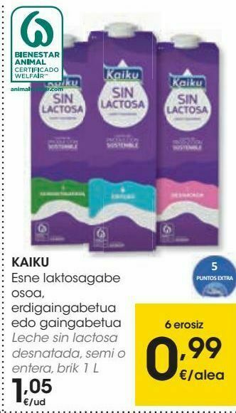 Eroski Kaiku leche sin lactosa desnatada, semi o entera oferta