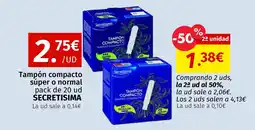 Maskom Supermercados SECRETISIMA Tampón compacto súper o normal oferta