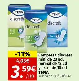 Maskom Supermercados TENA Compresa discreet mini de 20 ud, normal de 12 ud y extra de 10 ud oferta