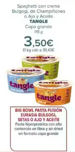 Carrefour TANGLE Spaghetti con crema Bulgogi, de Champiñones o Ajo y Aceite Copa grande oferta