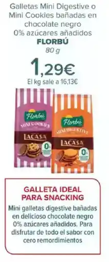 Carrefour FLORBÚ Galletas Mini Digestive o Mini Cookies bañadas en chocolate negro 0% azúcares añadidos oferta