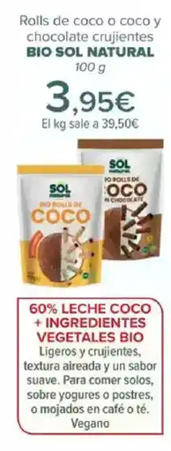 Carrefour BIO SOL NATURAL Rolls de coco o coco y chocolate crujientes oferta