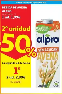 Alcampo Bebida avena 0% azucar alpro caja 6x1l oferta