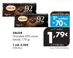 Supermercados Lupa VALOR Chocolate 92% cacao natural oferta