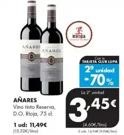 Supermercados Lupa AÑARES Vino tinto Reserva, D.O. Rioja oferta