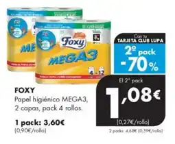 Supermercados Lupa FOXY Papel higiénico MEGA3, 2 capas, pack 4 rollos oferta