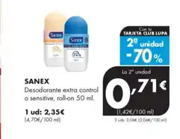 Supermercados Lupa SANEX Desodorante extra control o sensitive, roll-on oferta