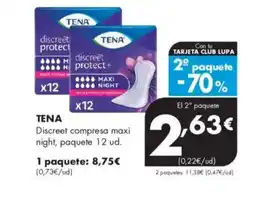 Supermercados Lupa TENA Discreet compresa maxi night, paquete 12 ud. oferta