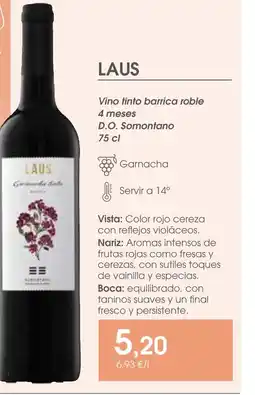 Supermercados Plaza LAUS Vino tinto barrica roble 4 meses D.O. Somontano oferta