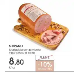 Supermercados Plaza SERRANO Mortadela con pimienta y pistachos, al corte oferta