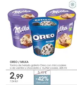 Supermercados Plaza OREO / MILKA Tarrina de helado galleta Oreo con mini cookies o de vainilla y chocolate o butter cookie oferta