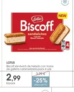 Supermercados Plaza LOTUS Biscoff sándwich de helado con trozos de galleta caramelizada, pack 4 uds oferta