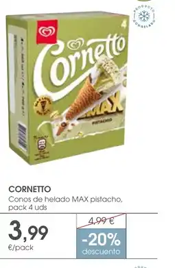 Supermercados Plaza CORNETTO Conos de helado MAX pistacho, pack 4 uds oferta