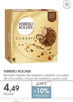 Supermercados Plaza FERRERO ROCHER Bombón helado de avellana cubierto con salsa de chocolate y trozos de avellana, pack 4 uds oferta