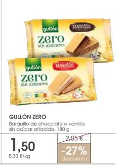 Supermercados Plaza GULLÓN ZERO Barquillo de chocolate o vainilla sin azúcar añadido oferta