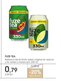 Supermercados Plaza FUZE TEA Refresco de té limón sabor original sin azúcar y té verde y maracuyá oferta
