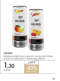 Supermercados Plaza CELSIUS Bebida energética sin azúcar con gas de mango y limón o melocotón y frambuesa oferta