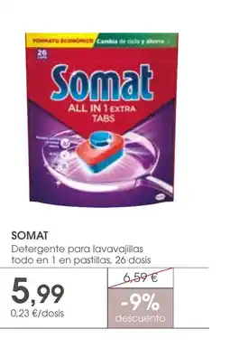 Supermercados Plaza SOMAT Detergente para lavavajillas todo en 1 en pastillas, 26 dosis oferta