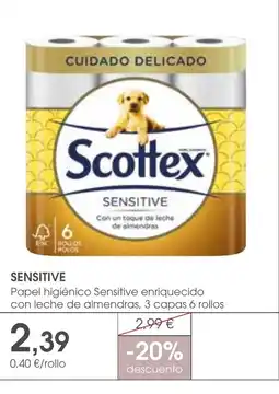 Supermercados Plaza SENSITIVE Papel higiénico Sensitive enriquecido con leche de almendras, 3 capas 6 rollos oferta