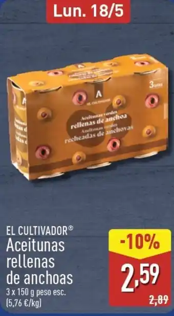 ALDI EL CULTIVADOR Aceitunas rellenas de anchoas oferta