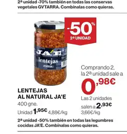 Hipercor JA'E Lentejas al natural oferta