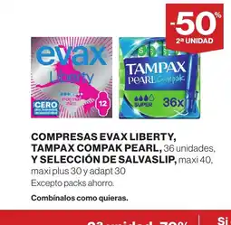 Hipercor Compresas evax liberty, tampax compak pearl y selección de salvaslip oferta