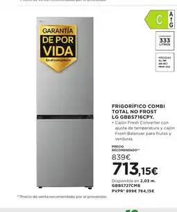 Hipercor LG Frigorífico combi total no frost gbbs716cpy oferta