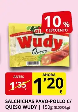 Supermercados MAS WUDY Salchichas pavo-pollo c/ queso oferta