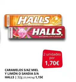 Supermercados MAS HALLS Caramelos s/az miel y limón o sandia s/a oferta