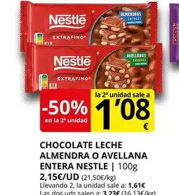 Supermercados MAS Chocolate leche almendra o avellana entera nestle oferta