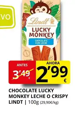 Supermercados MAS LINDT Chocolate lucky monkey leche o crispy oferta