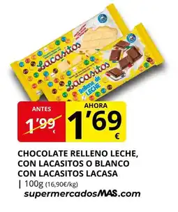 Supermercados MAS LACASA Chocolate relleno leche, con lacasitos o blanco con lacasitos oferta