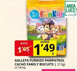Supermercados MAS FAMILY BISCUITS Galleta funkids pawpatrol cacao oferta