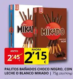 Supermercados MAS MIKADO Palitos bañados choco negro, con leche o blanco oferta