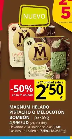 Supermercados MAS MAGNUM Helado pistacho o melocotón bombón oferta
