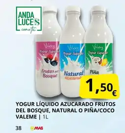 Supermercados MAS VALEME Yogur líquido azucarado frutos del bosque, natural o piña/coco oferta