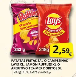 Supermercados MAS Patatas fritas sal o campesinas lays xl, jamón ruffles xl o aperitivo tex-mex doritos xl oferta