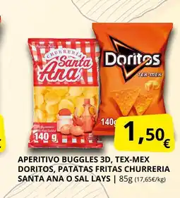Supermercados MAS Aperitivo buggles 3d, tex-mex doritos, patatas fritas churreria santa ana o sal lays oferta