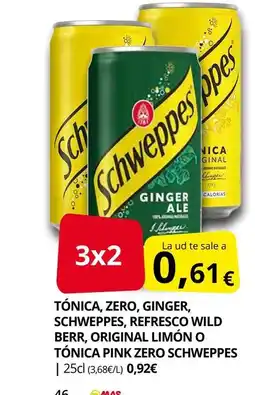 Supermercados MAS SCHWEPPES Tónica, zero, ginger, schweppes, refresco wild berr, original limón o tónica pink zero oferta