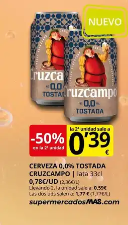 Supermercados MAS CRUZCAMPO Cerveza 0,0% tostada oferta