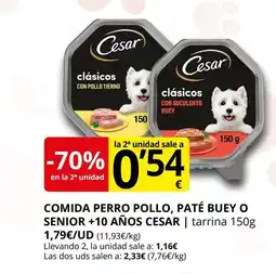 Supermercados MAS CESAR perro pollo, paté buey o senior +10 años oferta