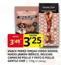 Supermercados MAS Snack perro orejas cerdo deshid, hueso jamón ibérico, delicias carnicas pollo y pato o pollo gentle chef oferta